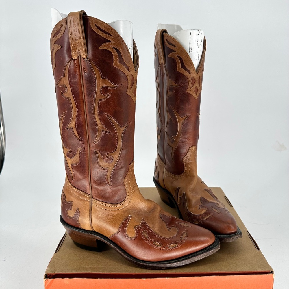 Boulet Brown Tan Two Tone Overlay Western Cowgirl Boots Pointed Round Women's 6